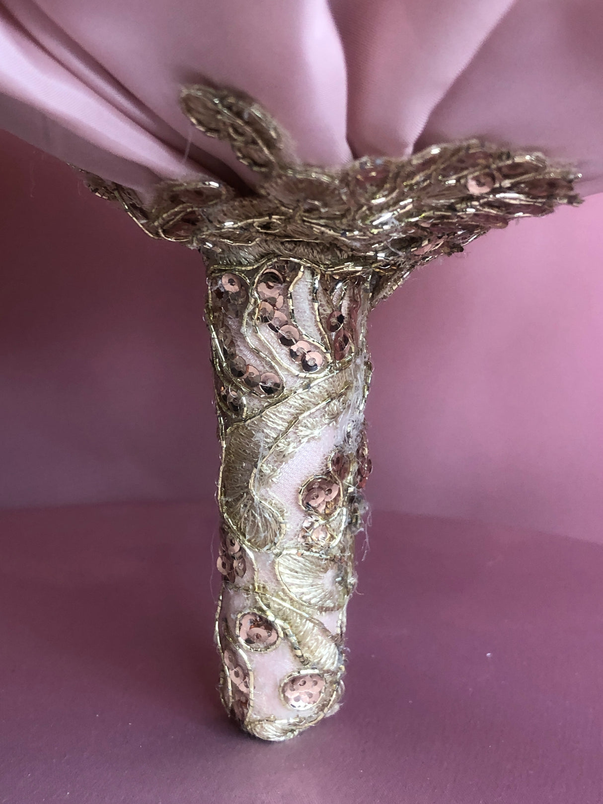 Soft Pink Silk Flowers w/ Pearls and Gold Pendants Bouquet