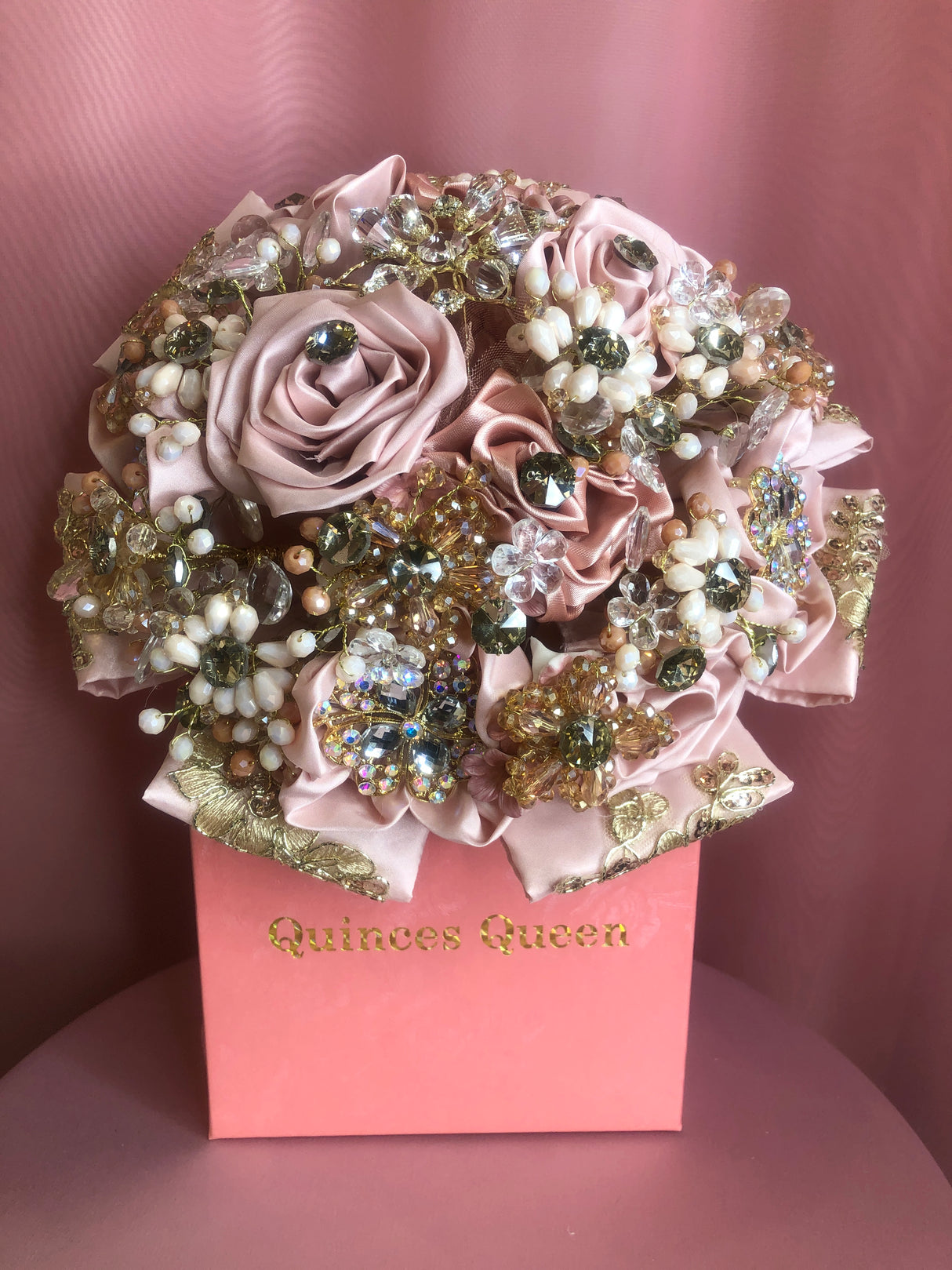 Soft Pink Silk Flowers w/ Pearls and Gold Pendants Bouquet