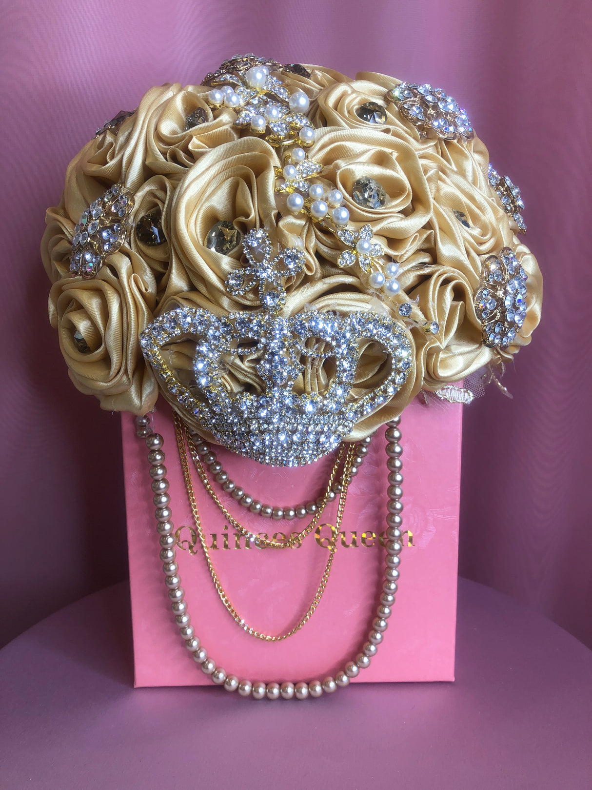 Gold Silk Flowers w/ Crown Pendant and Pearls Bouquet