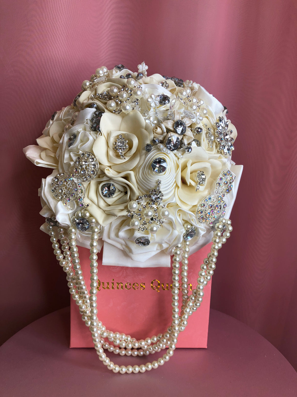 All White Flowers w/ Pendants and Pearls Bouquet