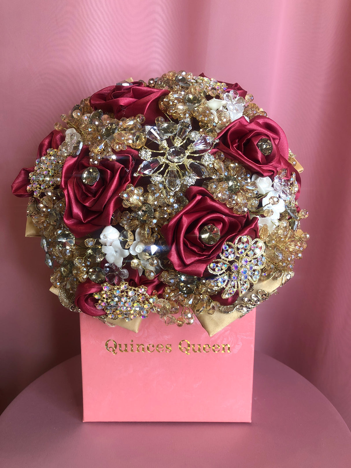 Red Silk Flowers w/ Full Gold Pendants and Crystals Bouquet