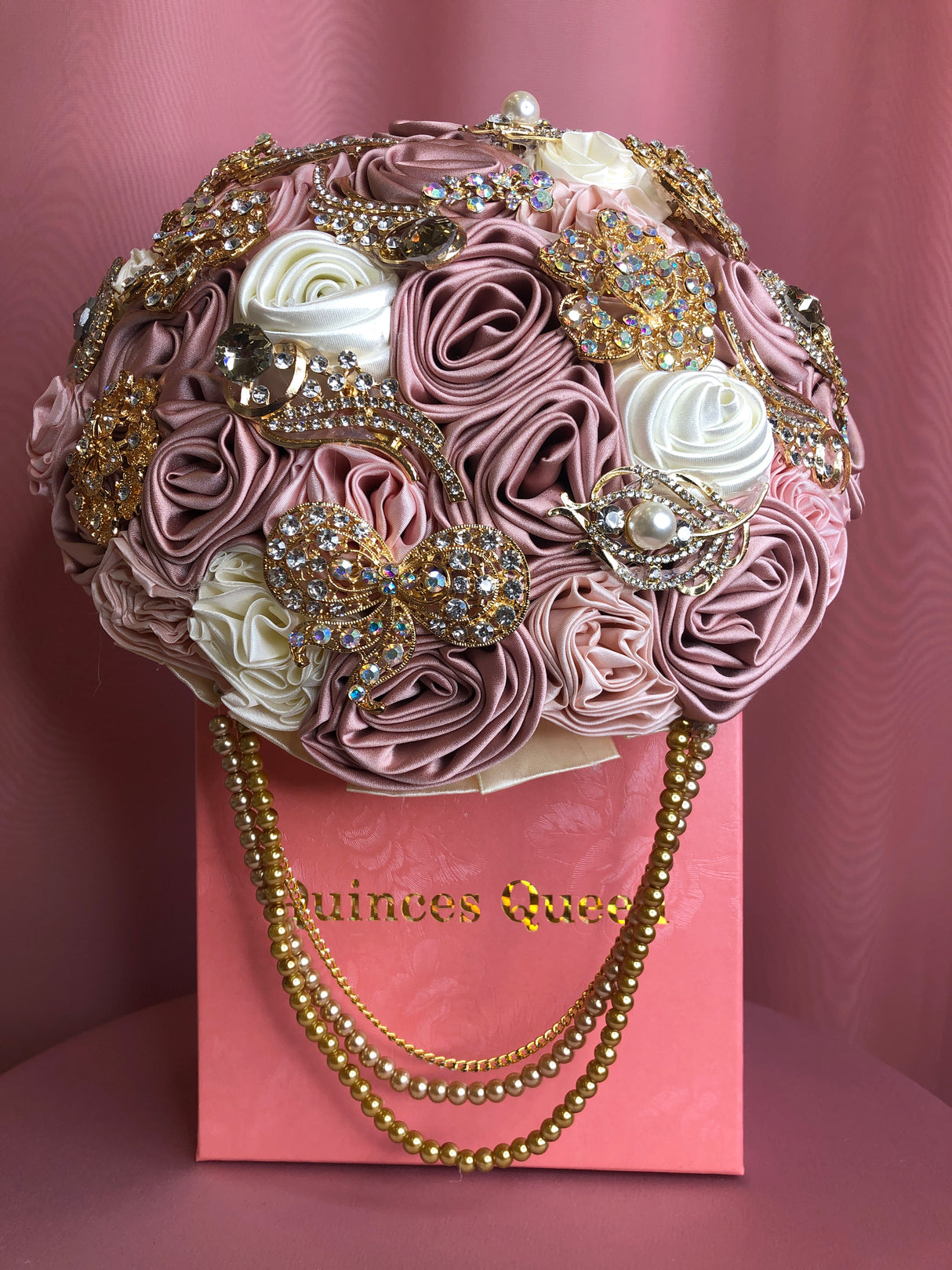 Mauve, Pink and White Silk w/ Pearls Bouquet