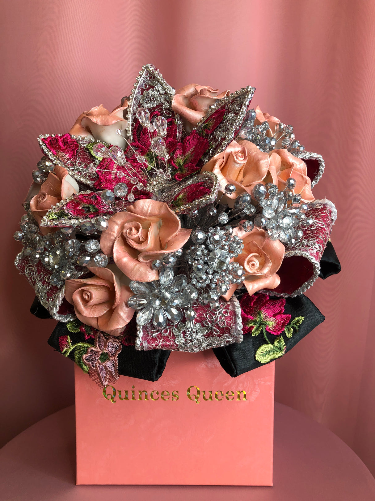 Black Undertone w/ Pink Embroidery Bouquet