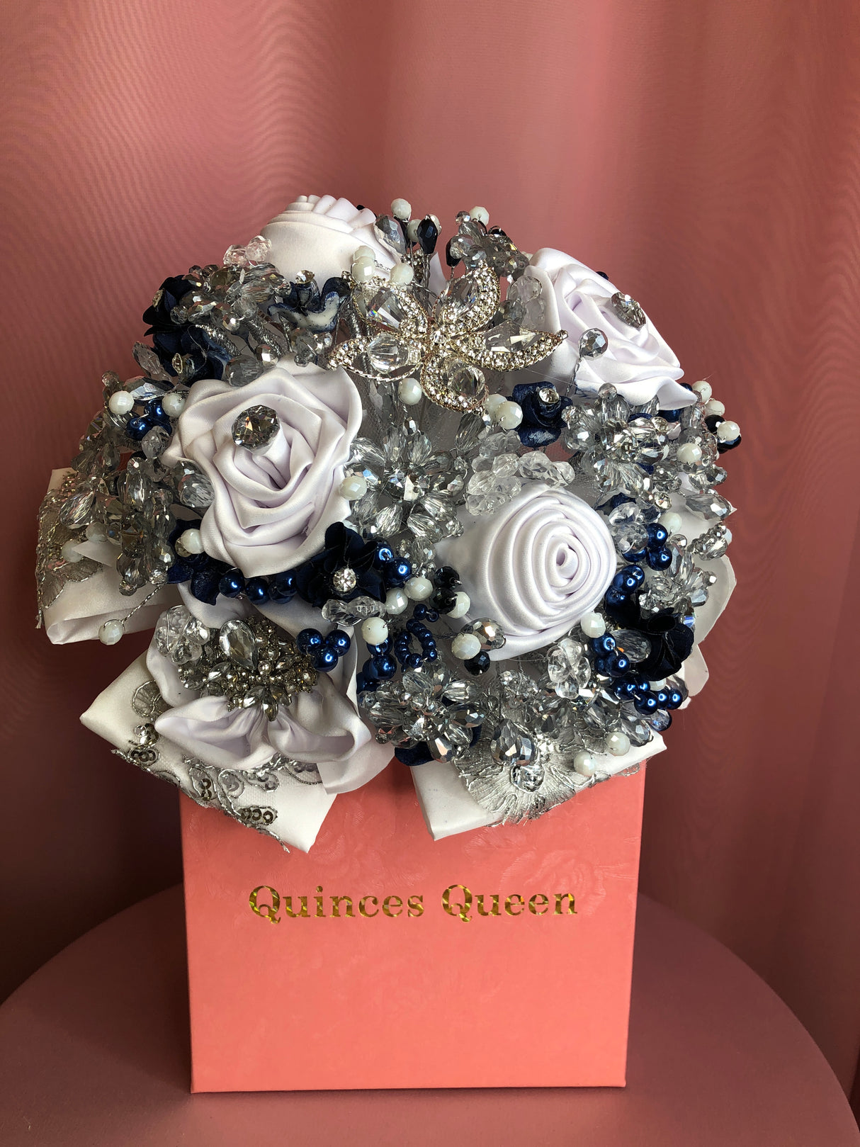 Navy Blue and White Silk Flowers w/ Crystals Bouquet