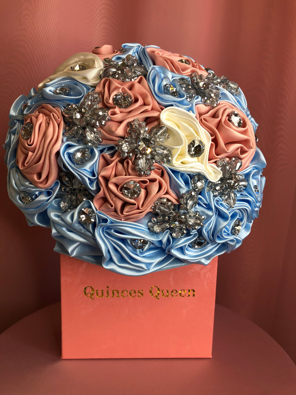 Silk Baby Blue, Coral and White Flowers Bouquet