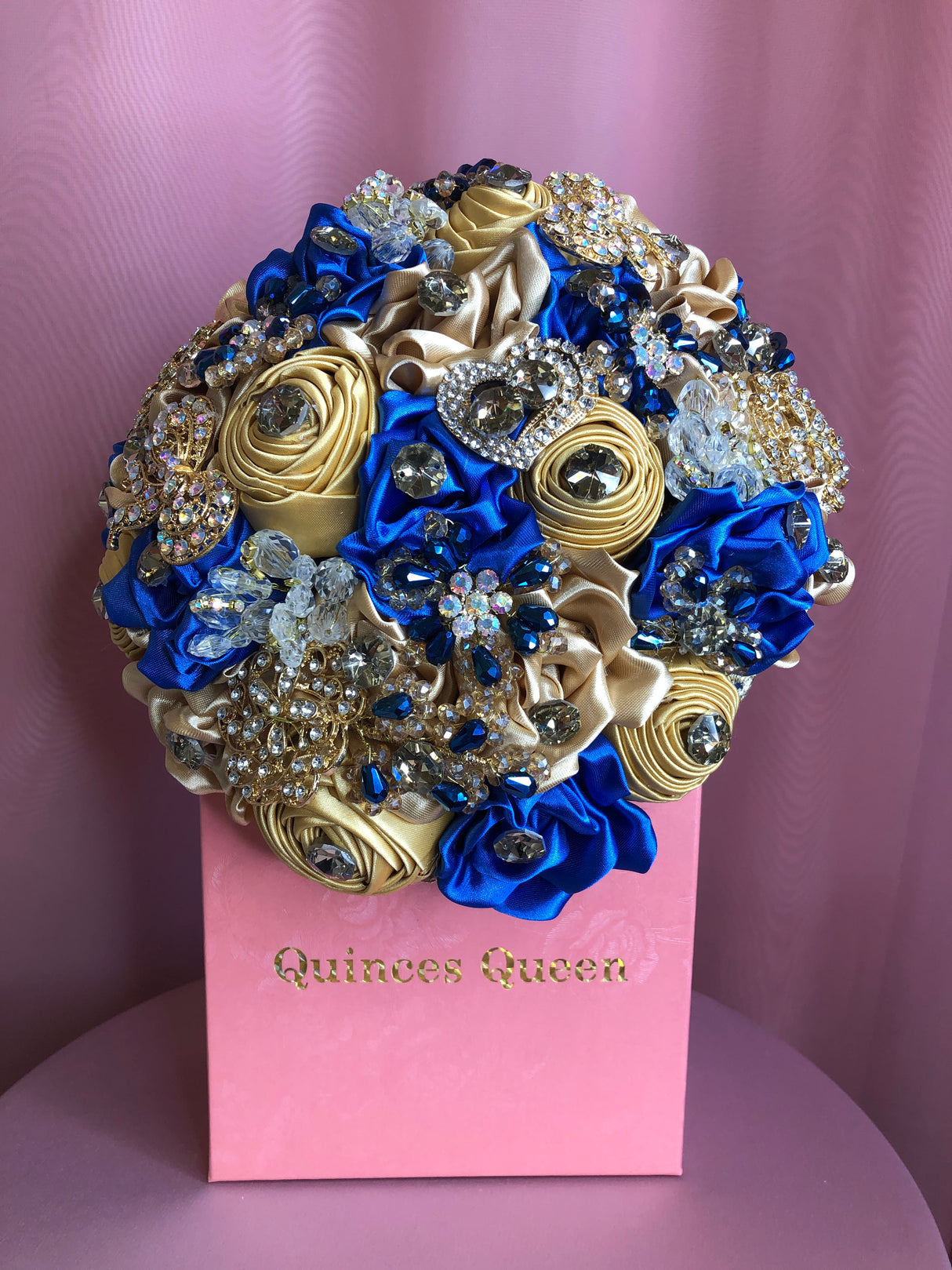 Majestic Blue and Gold Silk Flowers w/ Crystals Bouquet