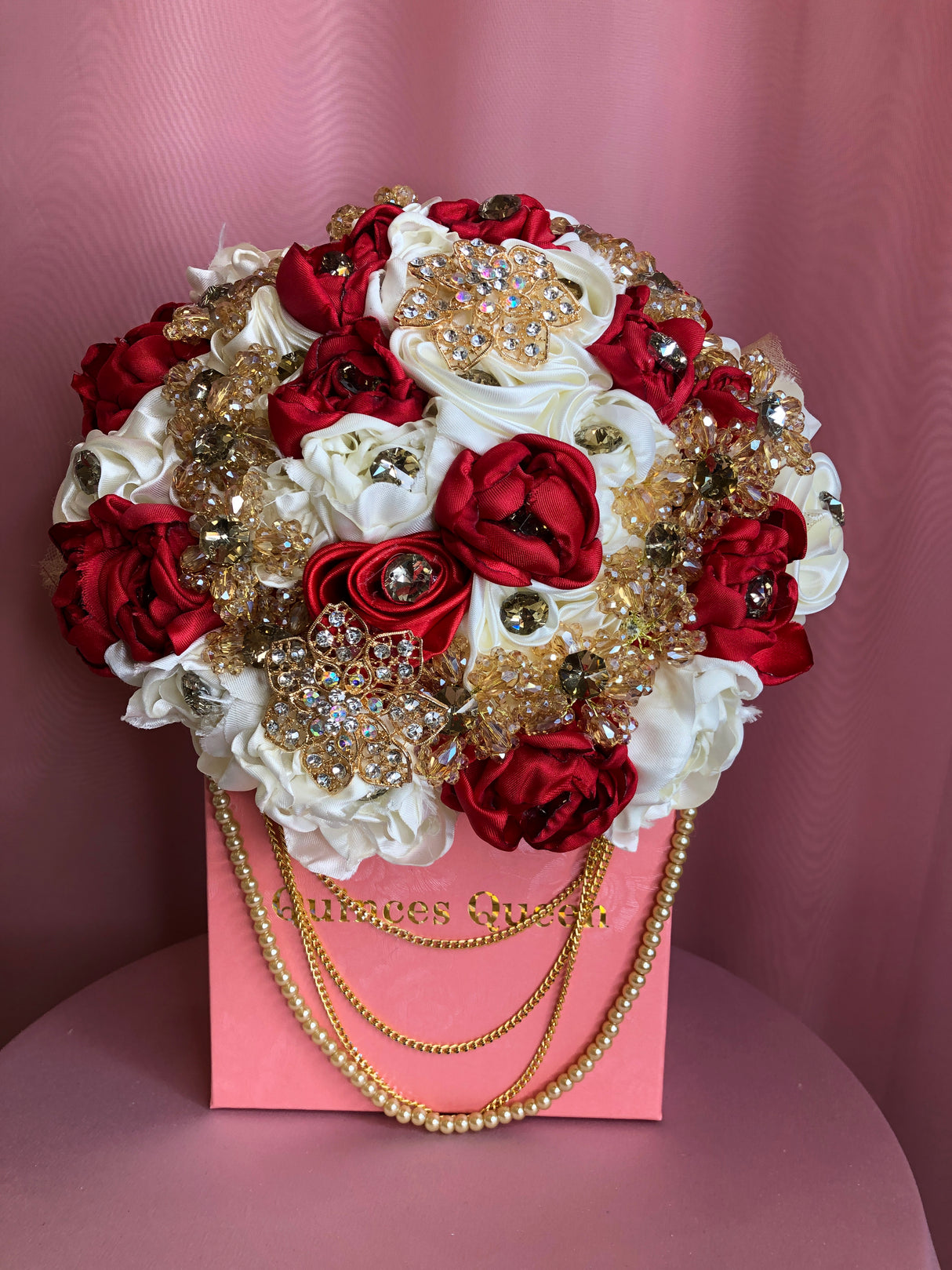 Red and White Flowers w/ Pendants and Pearls Bouquet
