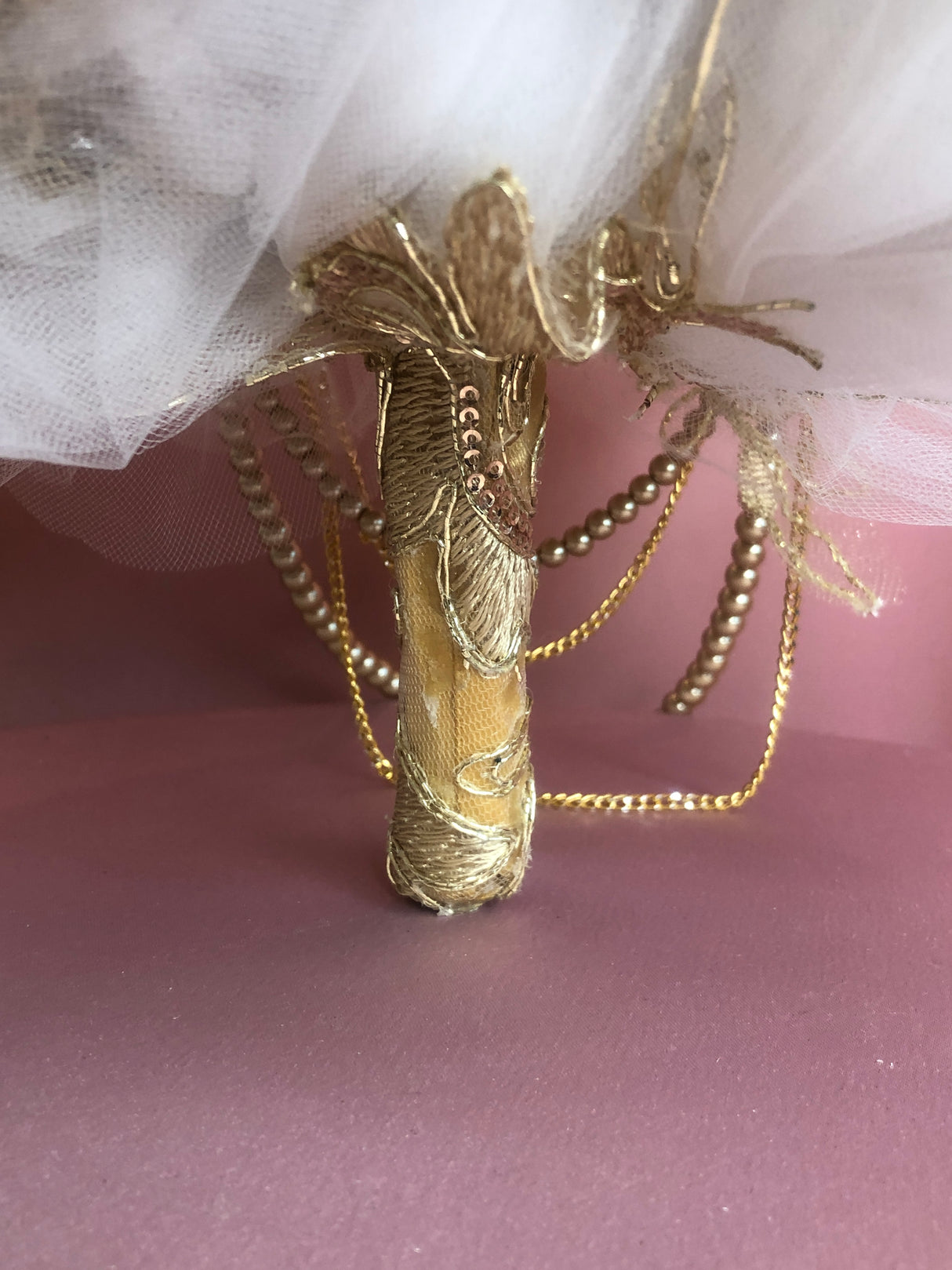 Gold Silk Flowers w/ Crown Pendant and Pearls Bouquet