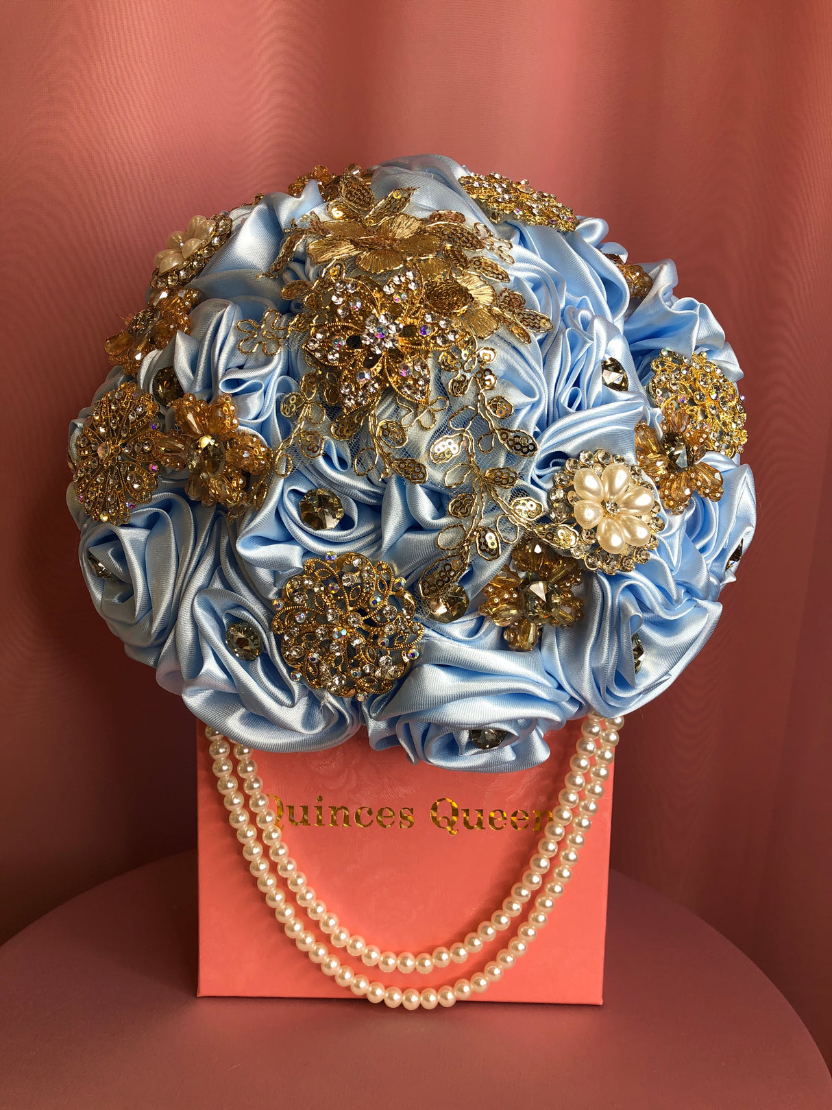 Sky Blue Silk Flowers w/ Pearls Bouquet