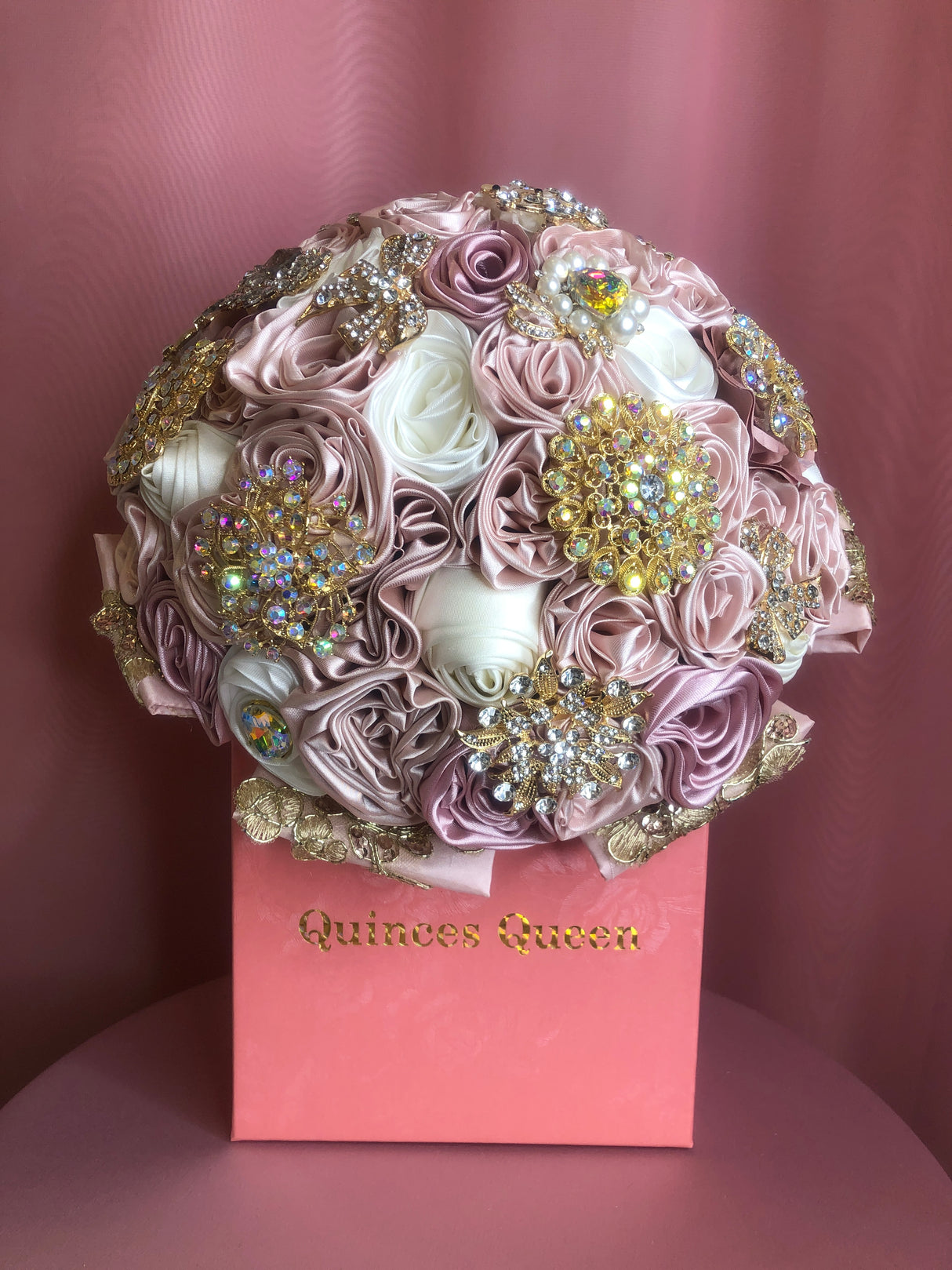 Soft Pink and White Silk Flowers w/ Embroidery Bouquet