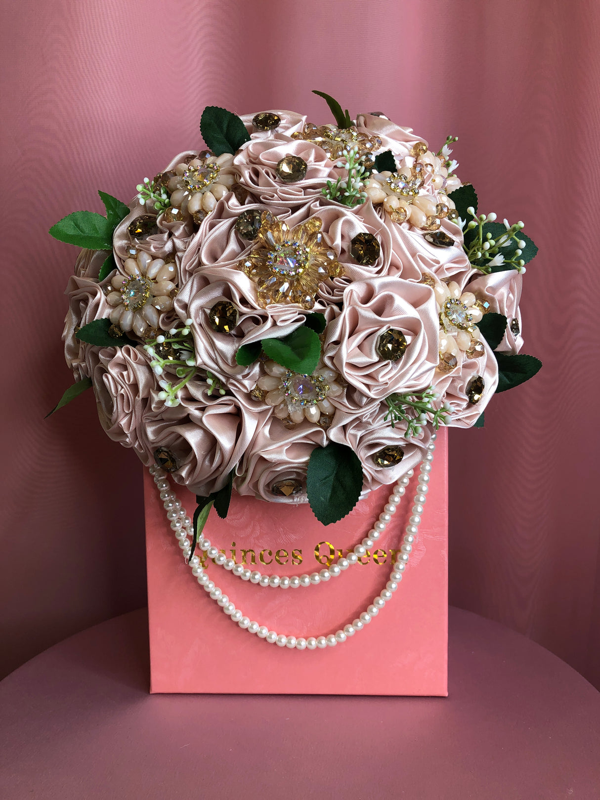 Soft Pink Flowers and Green Leaves w/ Pearls Bouquet