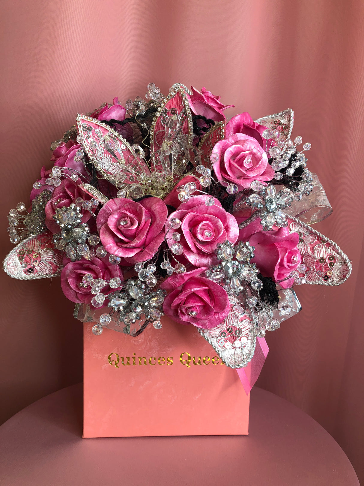 Fuchsia Pink Porcelain Flowers with Crystals Bouquet