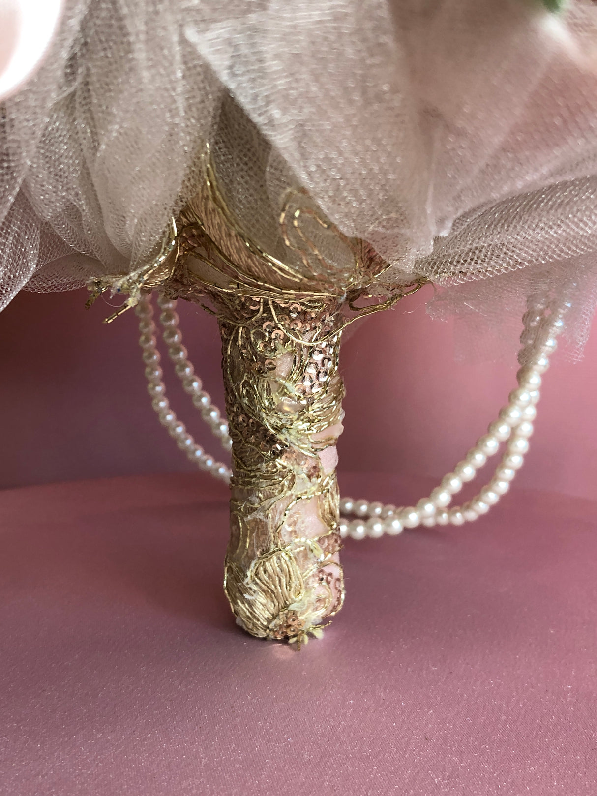 Soft Pink Flowers and Green Leaves w/ Pearls Bouquet