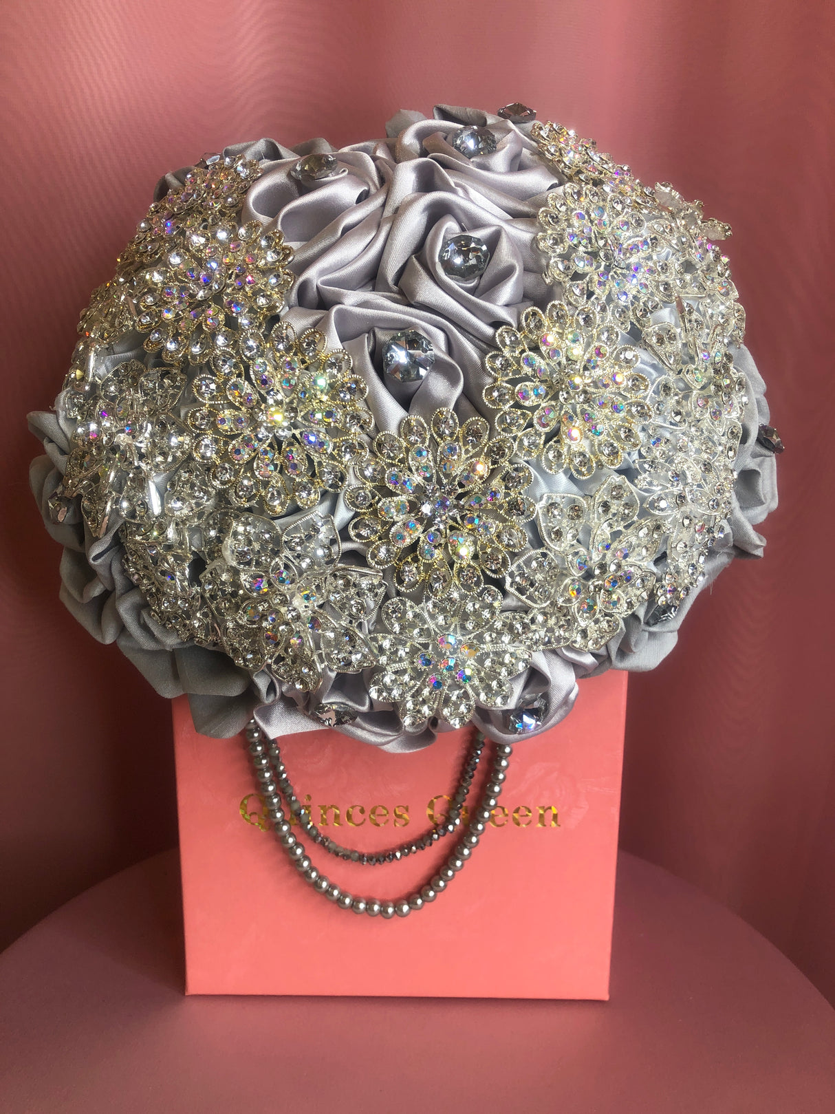 Silver Silk Flowers w/ Full Pendants and Pearls Bouquet