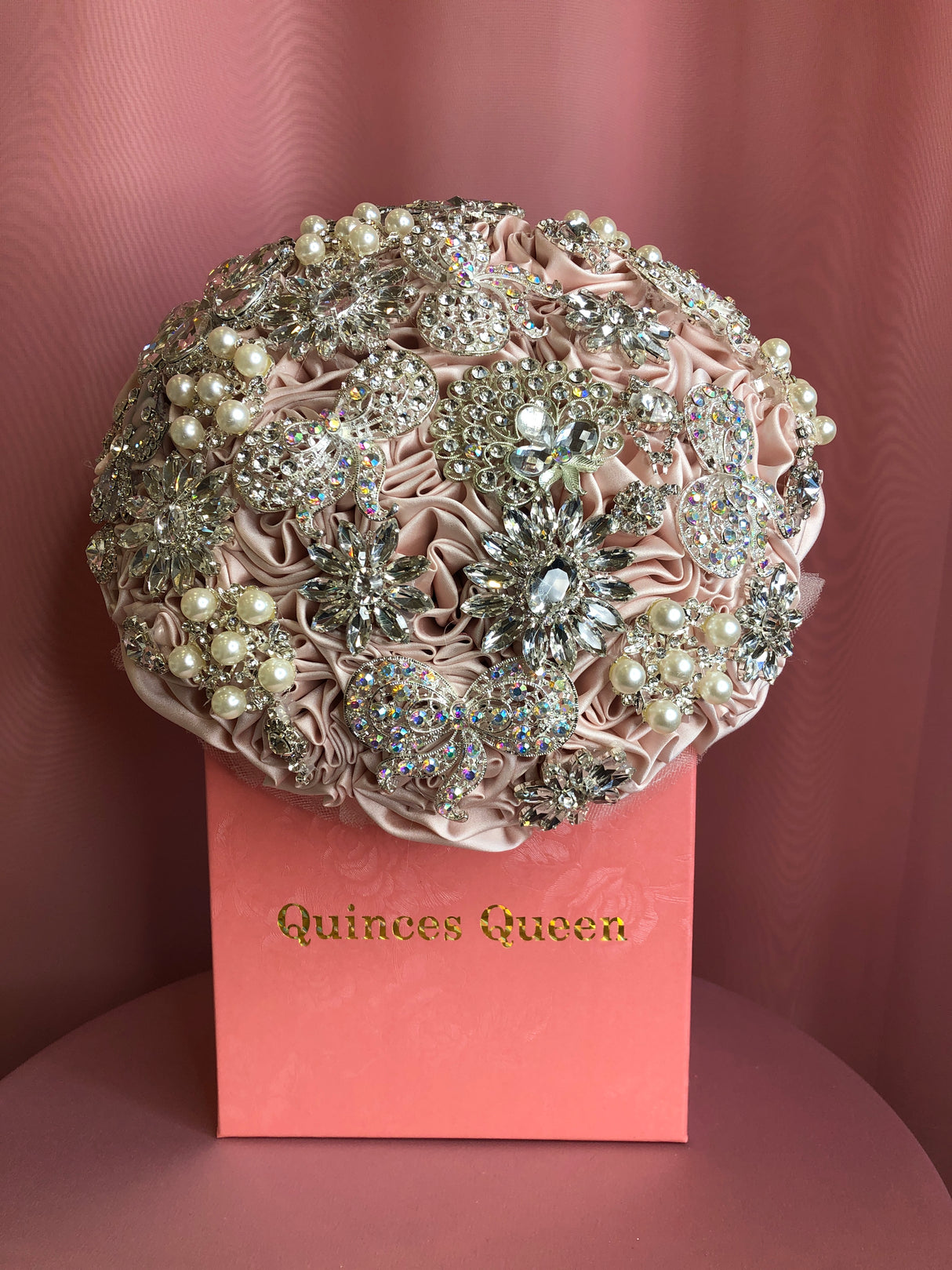 Pink Silk Flowers w/ Full Zirconia and Pearls Bouquet